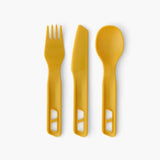 The Sea to Summit Passage 3 Piece Cutlery Set by Sea to Summit, featuring a yellow plastic fork, knife, and spoon, is arranged side by side on a white background.