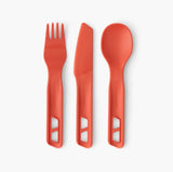 The Sea to Summit Passage 3 Piece Cutlery Set by Sea to Summit—including a fork, knife, and spoon—is displayed side by side on a white background.