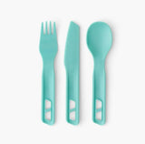 The Sea to Summit Passage 3 Piece Cutlery Set by Sea to Summit, featuring a teal plastic fork, knife, and spoon, is displayed side by side on a white background.