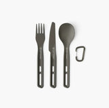 The Sea to Summit Frontier UL 3 Piece Cutlery Set pairs lightweight, aircraft-grade aluminum fork, knife, and spoon with cutout handles beside a metal carabiner—durable camp essentials from Sea to Summit shown on a white background.