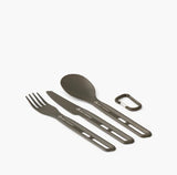 The Sea to Summit Frontier UL 3 Piece Cutlery Set by Sea to Summit, featuring a stackable titanium fork, knife, and spoon with rectangular handle cutouts, is shown beside a small metal carabiner on a white background.