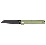 The Gerber Pledge by Gerber is a folding pocket knife with a full panel reverse tanto blade in a straight black finish, paired with a light green handle and reversible thumbstud, shown against a white background.