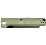 The Gerber Pledge by Gerber is a closed slim clip folder with a textured green handle, black accents, a visible metal clip on one end, and a reversible thumbstud for easy access.