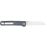 The Gerber Pledge, by Gerber, is a slim clip folder featuring a black handle, reversible thumbstud, and straight-edged silver blade; shown partially opened.