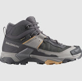 The Salomon X Ultra 5 Women's Hiking MID boot in gray and black features rugged Contagrip tread, high ankle support, and a side logo—making it your ideal Salomon companion for every hiking adventure.