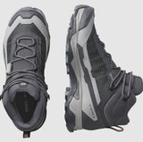 The Salomon X Ultra 5 Women's Hiking MID boots by Salomon, shown in gray from top and side views on a light background with Contagrip soles, stand out as your ultimate hiking ally.