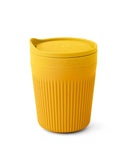 The Sea to Summit Passage Insulated Mug, made of ribbed yellow food-grade polypropylene with a matching lid, is shown against a white background—ideal for travel or camping.