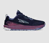 The Altra Women's Lone Peak 9+ Trail Runners by Altra are shown in navy blue and purple with a white logo, black laces, an Altra EGO™ midsole, and a rugged light-colored sole against a plain background.
