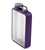 The Absolute Outdoors GSI Boulder 6 Flask is a rectangular, clear, BPA-free water bottle with a purple protective casing and gray screw-on cap. Shatter-resistant and ideal for daily hydration.