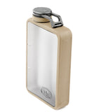 The Absolute Outdoors GSI Boulder 6 Flask is a rectangular, beige BPA-free flask with a transparent side panel and a metal screw cap with hinged handle, inspired by the sleek design of the Boulder Flask.