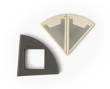 Two Sea to Summit stainless steel corner protectors for a camping table, one shown with the corner it protects exposed and the other fully covering a corner.