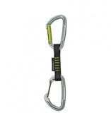 The Edelrid Slash Wire Set night/oasis 10cm, part of a 5 pack, includes silver climbing quickdraws featuring two carabiners—one with a Keylock closure and the other with a wire gate—connected by a sleek black and yellow quickdraw sling.