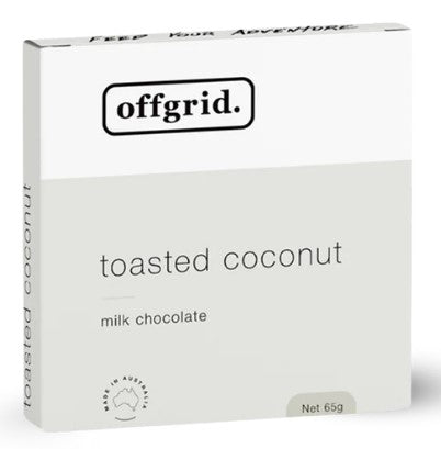 A box of Offgrid Milk Chocolate with Toasted Coconut with a white and grey label, net weight 65 grams.