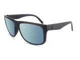 Knockaround Torrey Pines Sunglasses by Knockaround feature a sleek black frame and blue mirrored, impact-resistant lenses. The arms are adorned with a discreet 'K' logo near the temples, and the lenses offer UV400 protection.