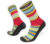 Wilderness Wear's Bamboo Multisport Socks, featuring a vibrant striped design with black toes and heels, provide superior breathability against a white background.
