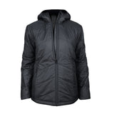 A black, hooded, zip-up winter jacket with a quilted design and Merino insulation, displayed against a plain white background. The product is the 3 Peaks Women's Merino Synthesis Hooded Puffer by 3 Peaks.