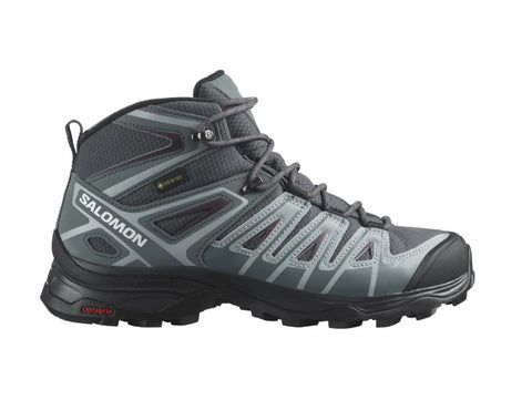 A single Salomon X Ultra Pioneer Mid GTX Women's hiking boot featuring gray and teal accents, designed with high ankle support and sturdy sole.