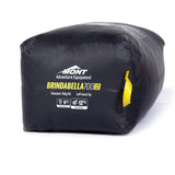 A black Mont Brindabella 700 Sleeping Bag from Mont Adventure Equipment features a left-hand zipper and is crafted with Hydronaute XT fabric, offering temperature ratings of +6°C comfort and -12°C limit.