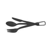 The Sea to Summit Camp Cutlery 3 Piece Set includes a black BPA-free fork, spoon, and knife made from glass reinforced polypropylene, clipped together on a metal carabiner by Sea to Summit.