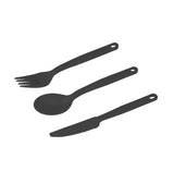 The Sea to Summit Camp Cutlery 3 Piece Set by Sea to Summit, made from BPA-free, glass-reinforced polypropylene, features a black fork, spoon, and knife arranged diagonally on a white background.