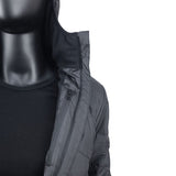 A close-up of a mannequin wearing a black 3 Peaks Women's Merino Synthesis Hooded Puffer with a partially unzipped front, revealing a black inner shirt.