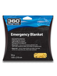 Packaged 360 Degrees Emergency Blanket in a black pouch highlighting key features like lightweight, compactness, and thermal radiation reflection.