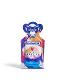 Chimpanzee Energy Gel in Forest Fruit flavor, featuring vibrant packaging with a chimpanzee illustration. The pack mentions "real fruit," "vegan," and weighs 35g. Infused with bio agave syrup to boost sports performance.