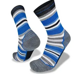 The Wilderness Wear Merino Fusion Light Socks display various angles of two striped socks in blue, black, gray, and white with Climayarn® for superior moisture-wicking.