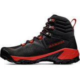 A black and red high-top hiking boot with the brand name "Mammut" on the side, featuring advanced Gore-Tex® for waterproof protection is known as the Mammut Men's Sapuen High GTX Hiking Boot.