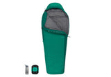 The Sea to Summit Traverse ATV2 Sleeping Bag, in green and gray, is shown standing upright and partially unzipped. Beside it are the packed version of the Sea to Summit sleeping bag and a water bottle for size comparison.