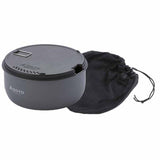 The Soto Navigator Camping Cookware Set by Soto includes a gray camping pot with lid and a black drawstring mesh storage bag, making it ideal for your outdoor cooking gear.