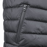 Close-up of a black 3 Peaks Women's Down Jacket showing a horizontal zipper pocket with a black metal zipper, featuring durable water repellent properties.