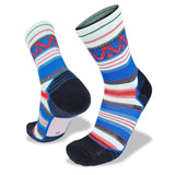The Wilderness Wear Merino Fusion Light Socks by Wilderness Wear are mid-calf socks with blue, red, white, and black stripes, geometric designs near the top, and Secure Fit System for comfort.