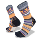 Wilderness Wear Merino Fusion Light Socks feature Climayarn® technology for comfort and style. These striped socks in black, orange, gray, and purple with zigzag patterns are displayed on a plain white background.