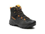 The Mammut Men's Sapuen High GTX Hiking Boot is a black hiking boot with orange accents and the brand name "Mammut" on the side. It features a rugged sole, lace-up closure, and Mammut Flextron Technology™ for enhanced stability.