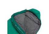 A versatile Sea to Summit Traverse ATV2 Sleeping Bag, featuring a green exterior and a gray interior, is partially unzipped and laid out on a white background.
