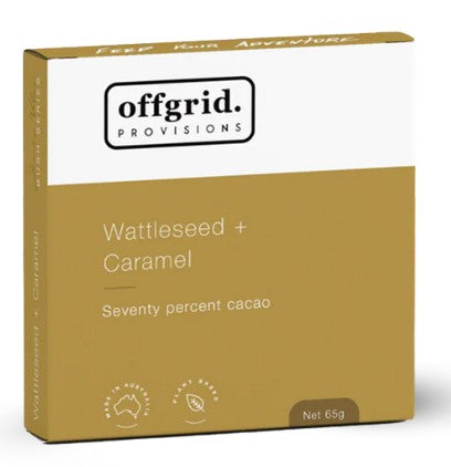 A box of Offgrid 70% Dark Chocolate Wattleseed and Praline Caramel Crunch, containing seventy percent cacao, Made in Australia.