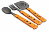 Meet the Jetboil Utensils Set: a trio of essential camping tools featuring vibrant orange, telescoping nylon handles—a spoon, fork, and spatula—perfect for outdoor adventures.