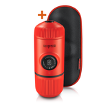 A vibrant red Wacaco Nanopresso, accompanied by its sleek protective black case, stands ready for your next adventure.