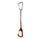 The Mammut Wall Light Express Set features a silver top carabiner, gray sewn sling, and orange bottom carabiner—ideal for climbers seeking a lightweight and fast setup.