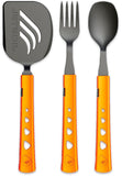 The Jetboil Utensils Set includes a spatula, fork, and spoon with orange handles. Made of durable nylon with ergonomic designs and telescoping handles, these Jetboil essentials are ideal for outdoor adventures.
