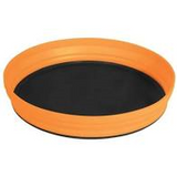 The Sea to Summit X Plate by Sea to Summit is a round, orange and black flexible silicone plate with a raised rim, made from BPA-free materials, shown at a slight angle.
