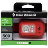 A packaged Black Diamond Storm 500 Rechargeable Headlamp with 500 lumens, micro-USB recharging feature, PowerTap technology, and IP67 submersion rating.