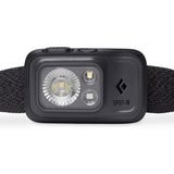 Introducing the Black Diamond Spot 400 Rechargeable Headlamp, a versatile black headlamp featuring an adjustable strap, three LED lights, and a power button labeled "SPOT-R." This innovative product incorporates PowerTap™ technology for instant brightness adjustment.