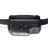 The Black Diamond Spot 400 Rechargeable Headlamp, featuring PowerTap™ technology, comes with a black strap, easily accessible buttons, and a powerful front light.