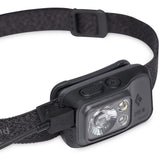 A Black Diamond Spot 400 Rechargeable Headlamp with adjustable head strap, featuring multiple light settings, PowerTap™ technology, and a USB charging port.