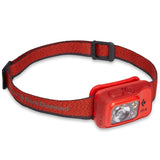 A Black Diamond Spot 400 Rechargeable Headlamp in red, featuring an adjustable strap and multiple light modes, along with innovative PowerTap™ technology.