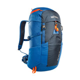 Blue and black Tatonka Hike Pack with multiple compartments, adjustable straps, and orange accents, designed for outdoor activities. Features a ventilated mesh back panel for enhanced comfort during long hikes by Tatonka.