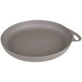 A gray, round, Sea to Summit Delta Plate with a thumb grip and single handle, isolated on a white background.