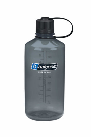 A transparent Nalgene Sustain Narrow Mouth Bottle 1000ML water bottle with measurement markings and a black cap, set against a white background.